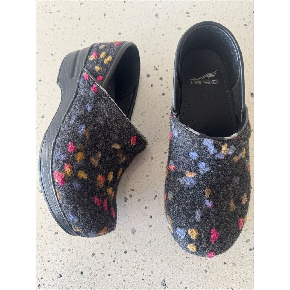 Dansko Gray Wool Felt Textile Clogs Pink Yellow Lavender Dots Slip-On Shoes 37